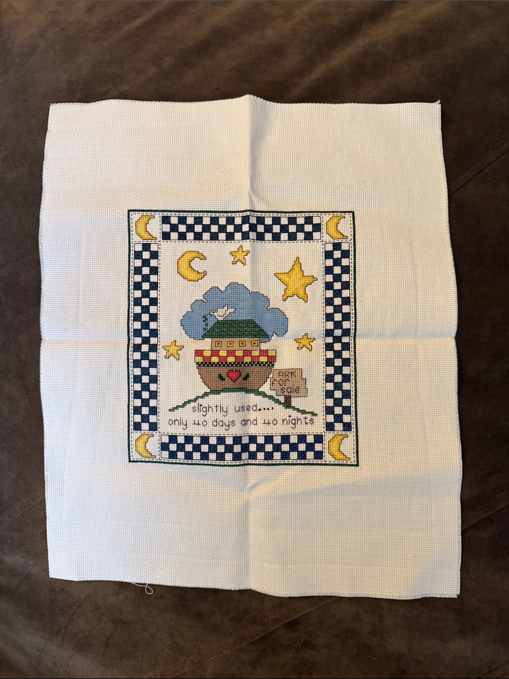 Hand Crafted Blue, White, Yellow Cross Stitch Noah's Ark Wall Art